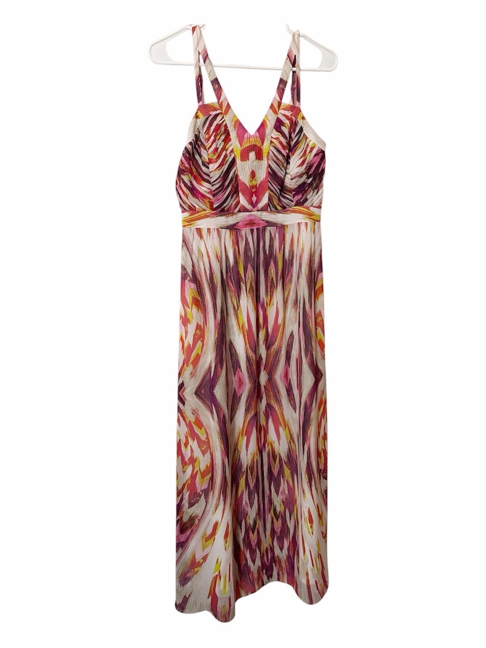 ANTONIO MELANI Multicolor Printed V-Neck Maxi Dress in Pink, Burgundy and Yellow
